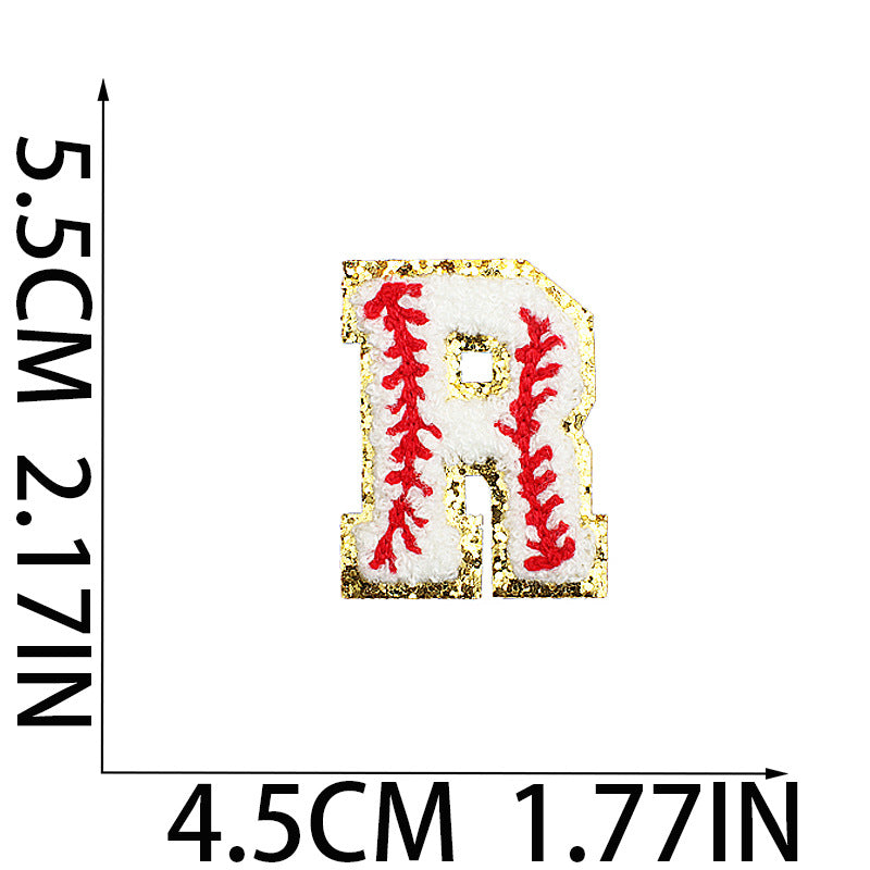 Iron-On Baseball Chenille Letter Patch – 5.5cm Tall, White/Red with Gold Glitter