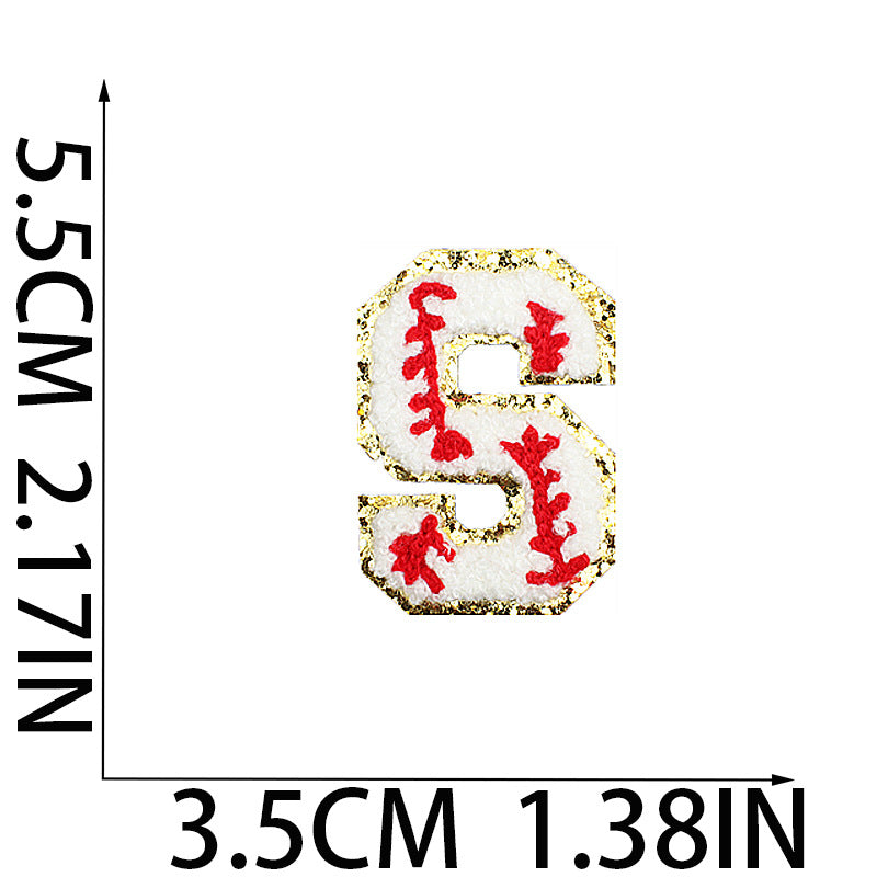 Iron-On Baseball Chenille Letter Patch – 5.5cm Tall, White/Red with Gold Glitter