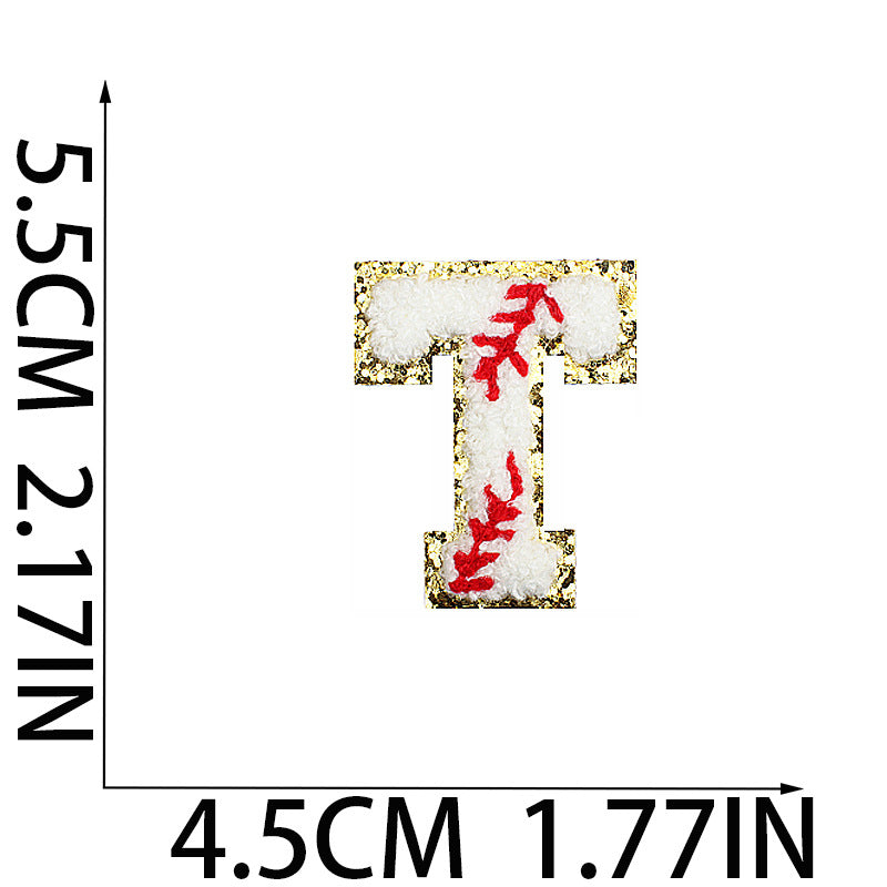 Iron-On Baseball Chenille Letter Patch – 5.5cm Tall, White/Red with Gold Glitter