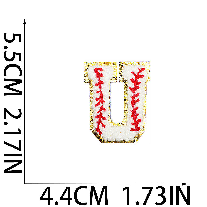 Iron-On Baseball Chenille Letter Patch – 5.5cm Tall, White/Red with Gold Glitter