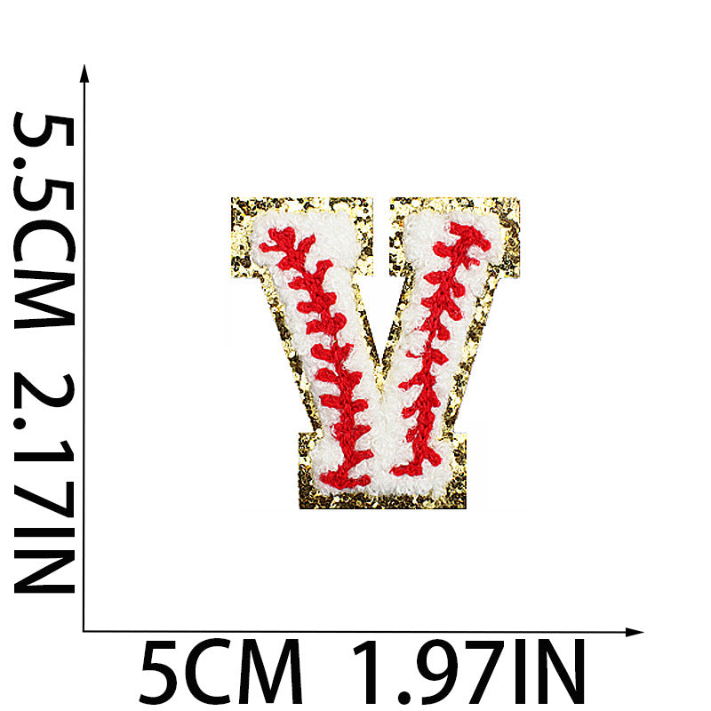 Iron-On Baseball Chenille Letter Patch – 5.5cm Tall, White/Red with Gold Glitter