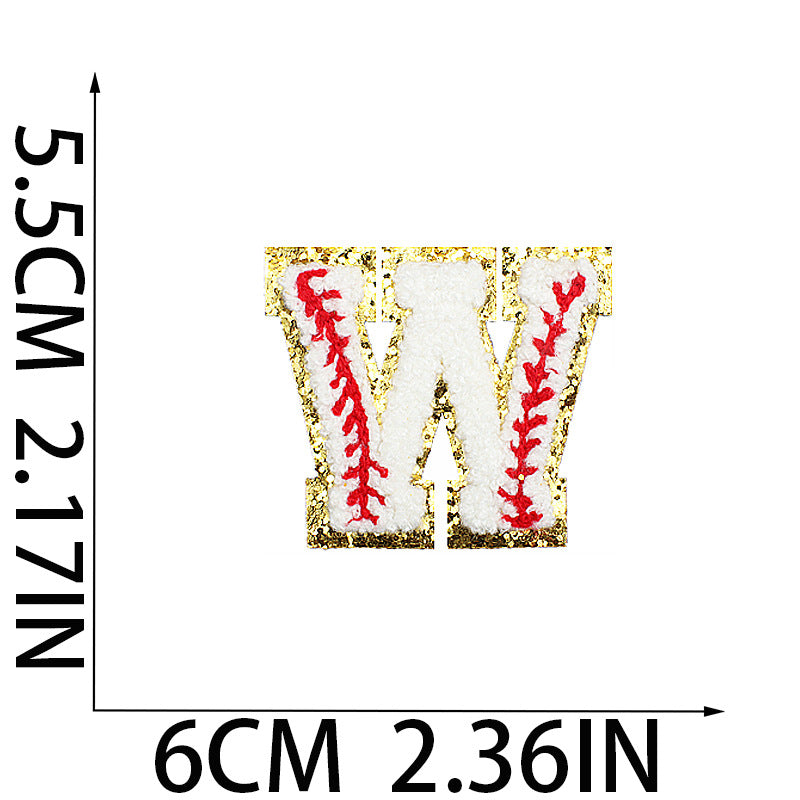 Iron-On Baseball Chenille Letter Patch – 5.5cm Tall, White/Red with Gold Glitter