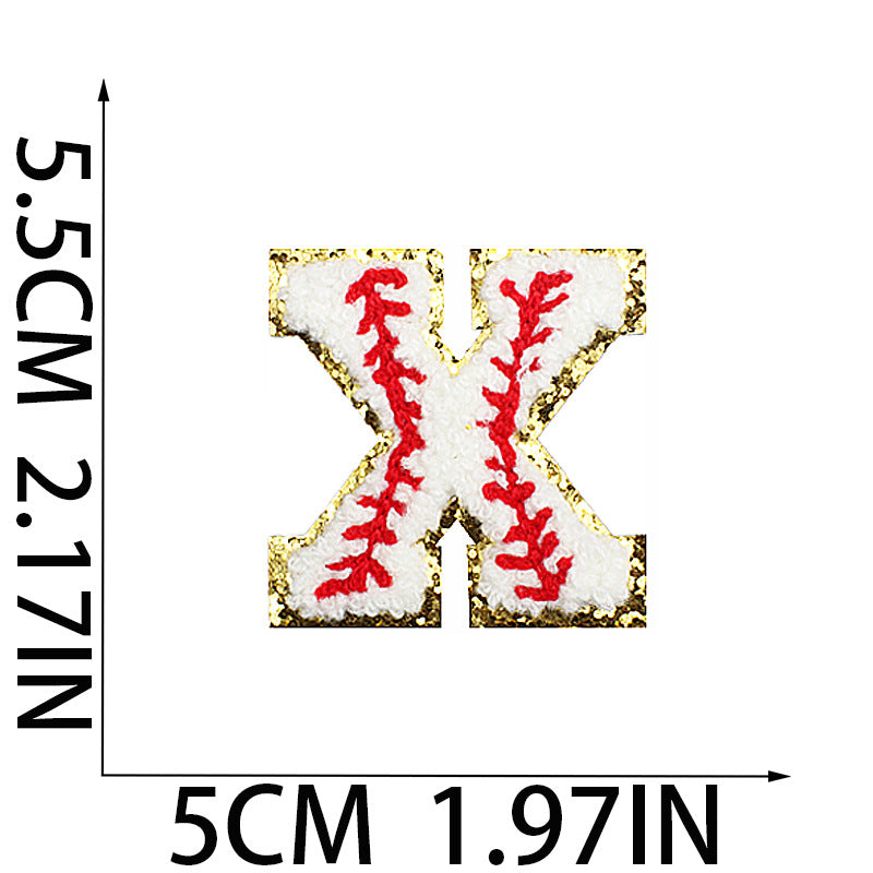 Iron-On Baseball Chenille Letter Patch – 5.5cm Tall, White/Red with Gold Glitter