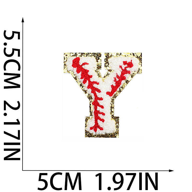 Iron-On Baseball Chenille Letter Patch – 5.5cm Tall, White/Red with Gold Glitter