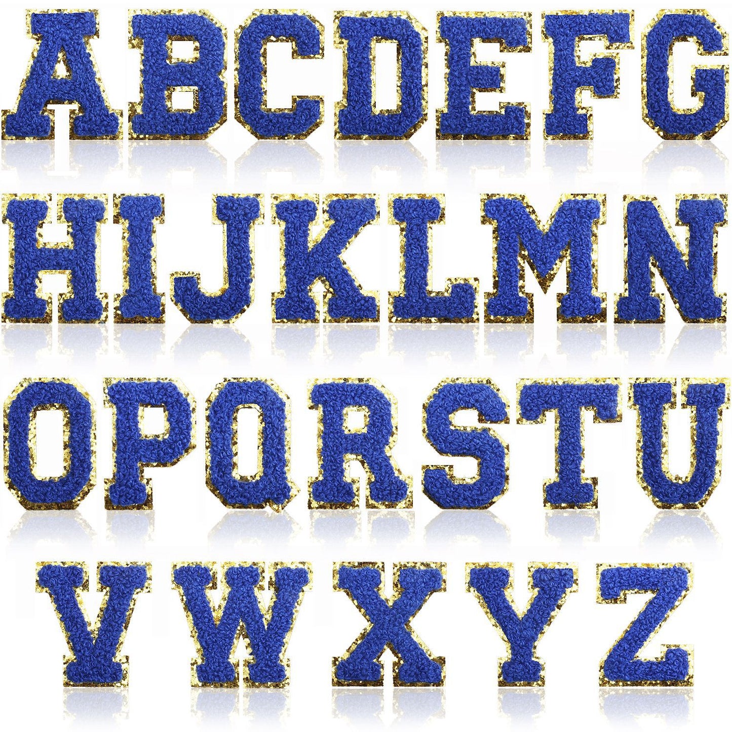 Iron-On Chenille Letter Patch – 5.5cm Tall, Navy Blue Letter with Gold Glitter Edge