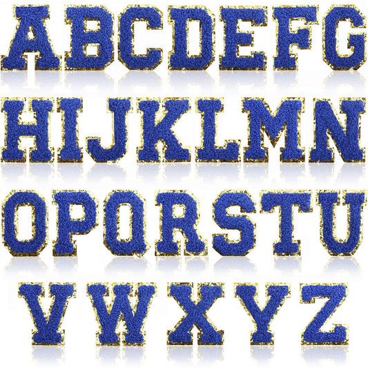 Iron-On Chenille Letter Patch – 5.5cm Tall, Navy Blue Letter with Gold Glitter Edge