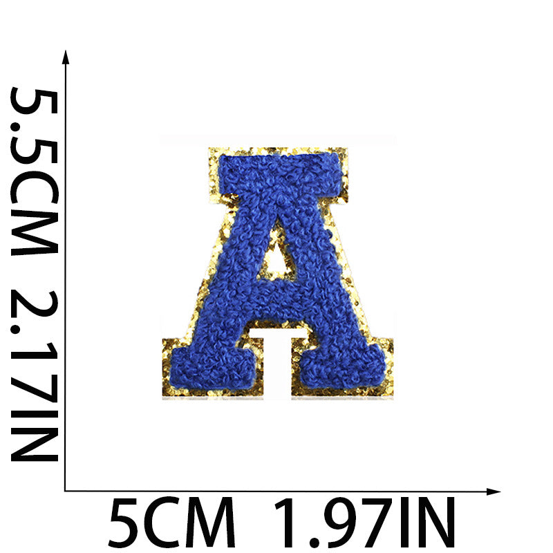 Iron-On Chenille Letter Patch – 5.5cm Tall, Navy Blue Letter with Gold Glitter Edge