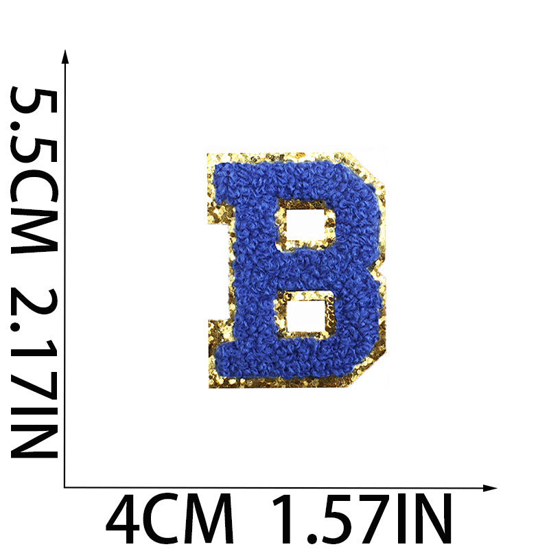 Iron-On Chenille Letter Patch – 5.5cm Tall, Navy Blue Letter with Gold Glitter Edge