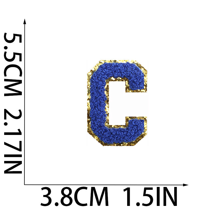 Iron-On Chenille Letter Patch – 5.5cm Tall, Navy Blue Letter with Gold Glitter Edge