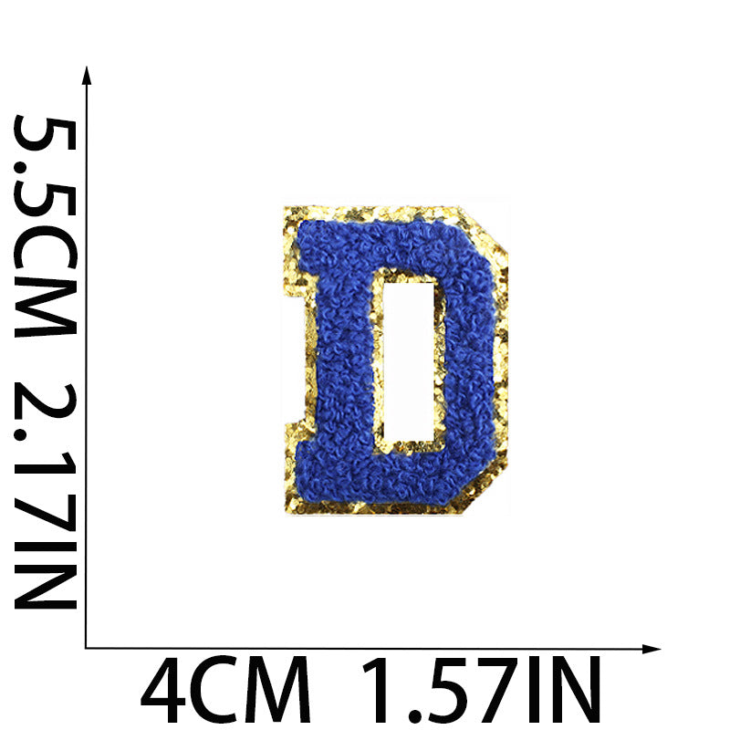 Iron-On Chenille Letter Patch – 5.5cm Tall, Navy Blue Letter with Gold Glitter Edge