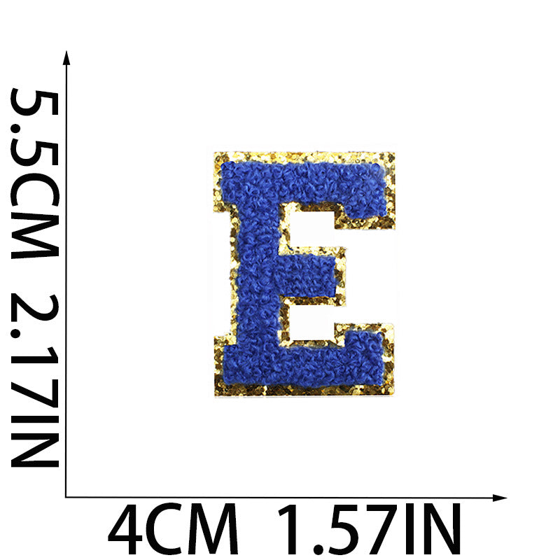 Iron-On Chenille Letter Patch – 5.5cm Tall, Navy Blue Letter with Gold Glitter Edge