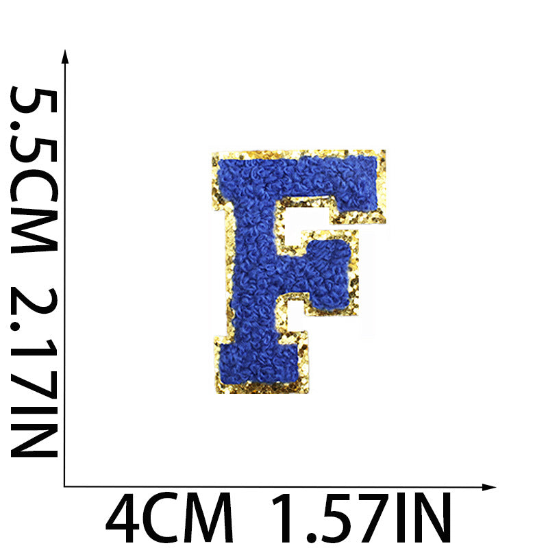 Iron-On Chenille Letter Patch – 5.5cm Tall, Navy Blue Letter with Gold Glitter Edge