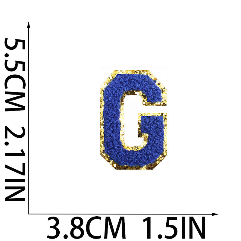 Iron-On Chenille Letter Patch – 5.5cm Tall, Navy Blue Letter with Gold Glitter Edge