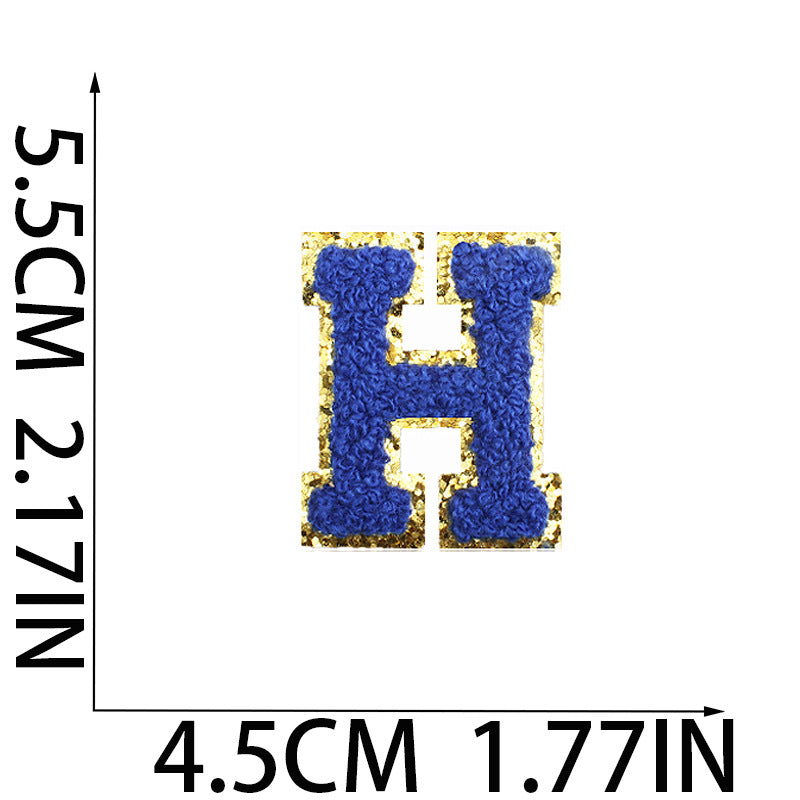 Iron-On Chenille Letter Patch – 5.5cm Tall, Navy Blue Letter with Gold Glitter Edge