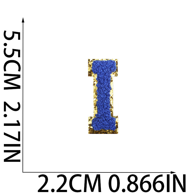 Iron-On Chenille Letter Patch – 5.5cm Tall, Navy Blue Letter with Gold Glitter Edge