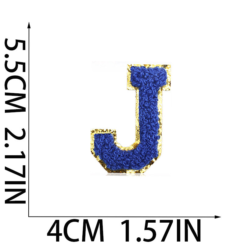 Iron-On Chenille Letter Patch – 5.5cm Tall, Navy Blue Letter with Gold Glitter Edge
