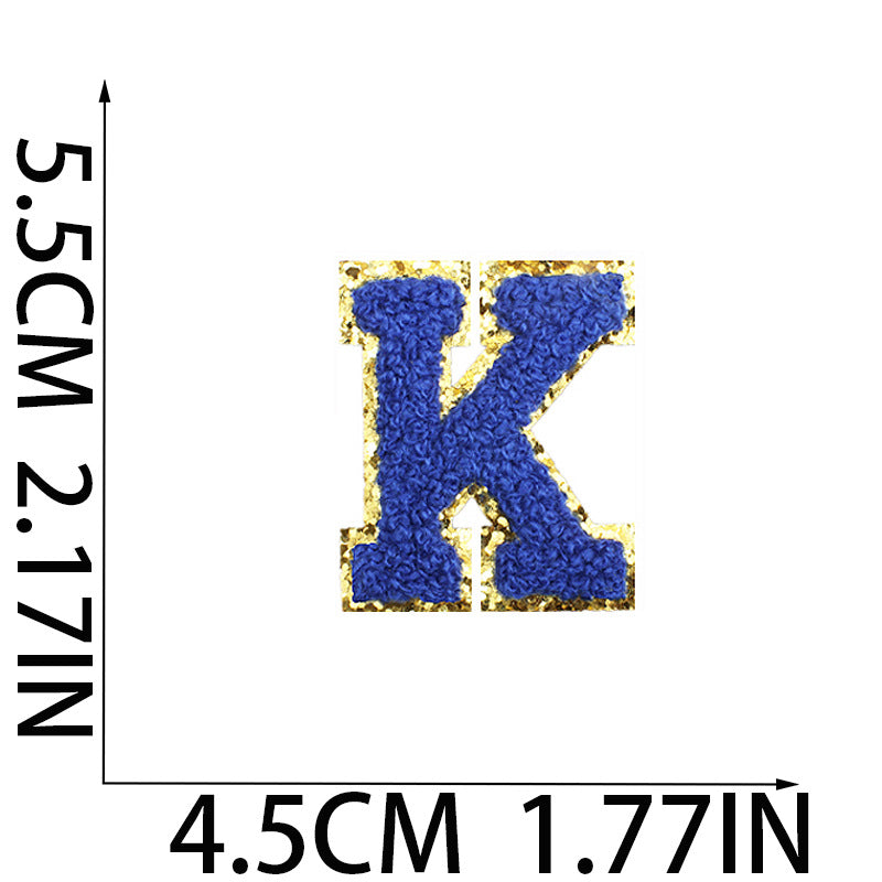 Iron-On Chenille Letter Patch – 5.5cm Tall, Navy Blue Letter with Gold Glitter Edge