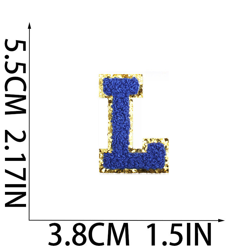 Iron-On Chenille Letter Patch – 5.5cm Tall, Navy Blue Letter with Gold Glitter Edge