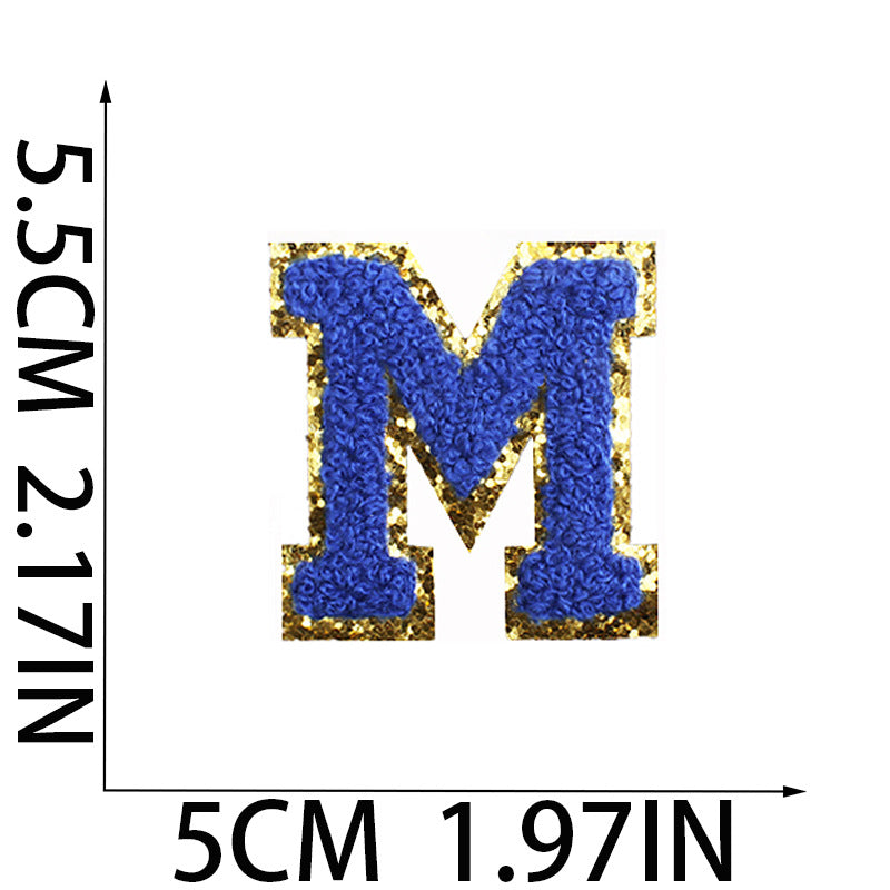 Iron-On Chenille Letter Patch – 5.5cm Tall, Navy Blue Letter with Gold Glitter Edge