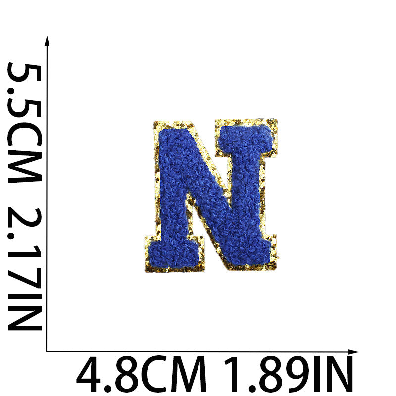 Iron-On Chenille Letter Patch – 5.5cm Tall, Navy Blue Letter with Gold Glitter Edge