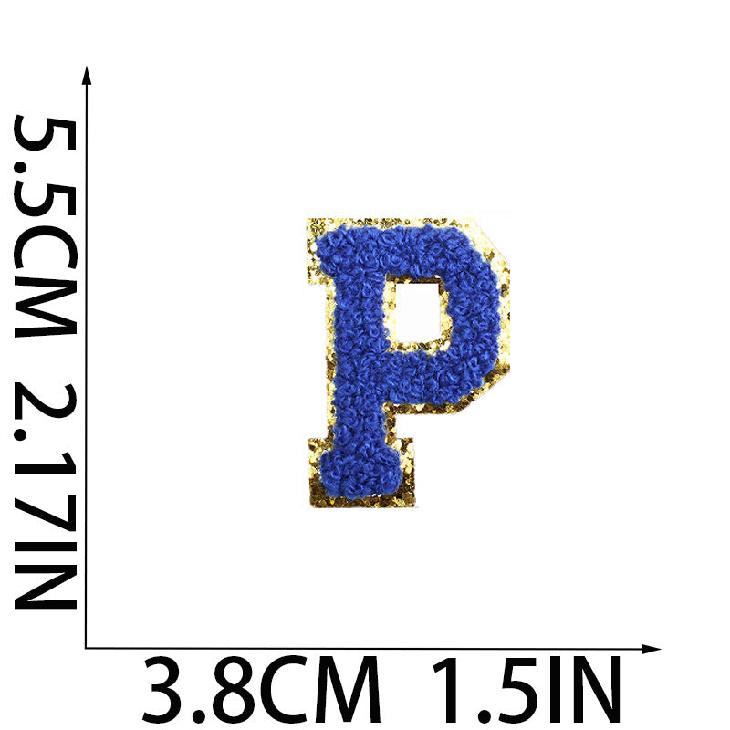 Iron-On Chenille Letter Patch – 5.5cm Tall, Navy Blue Letter with Gold Glitter Edge