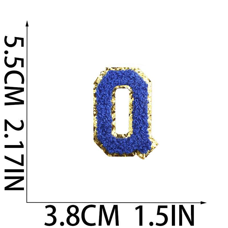 Iron-On Chenille Letter Patch – 5.5cm Tall, Navy Blue Letter with Gold Glitter Edge