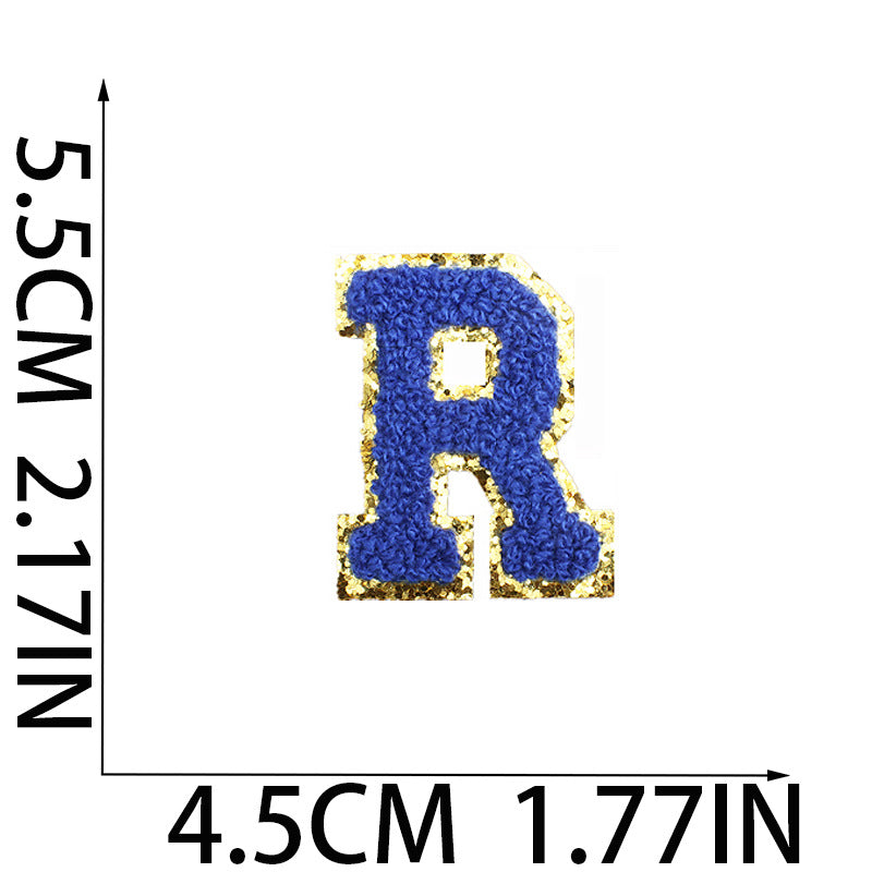 Iron-On Chenille Letter Patch – 5.5cm Tall, Navy Blue Letter with Gold Glitter Edge