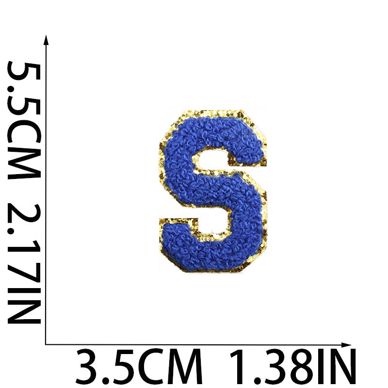 Iron-On Chenille Letter Patch – 5.5cm Tall, Navy Blue Letter with Gold Glitter Edge