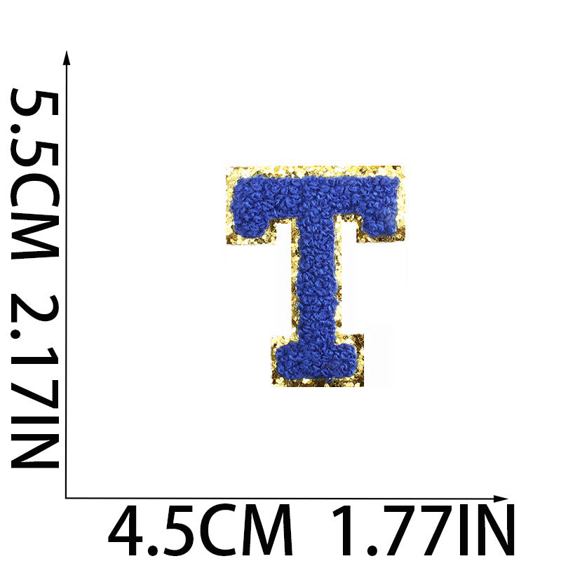Iron-On Chenille Letter Patch – 5.5cm Tall, Navy Blue Letter with Gold Glitter Edge