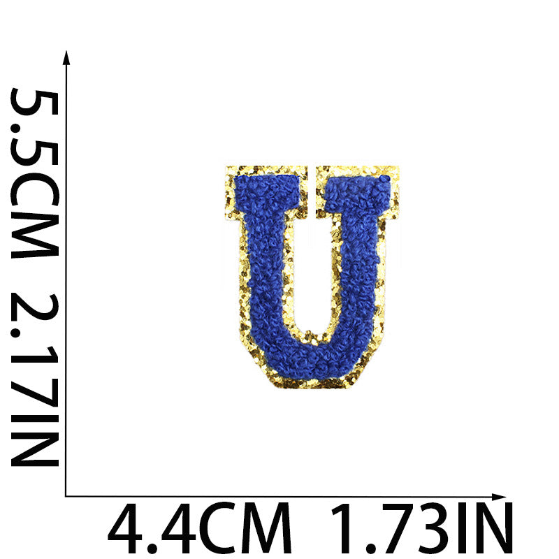Iron-On Chenille Letter Patch – 5.5cm Tall, Navy Blue Letter with Gold Glitter Edge