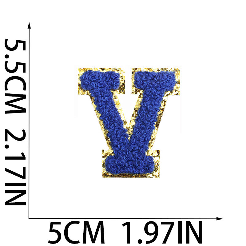 Iron-On Chenille Letter Patch – 5.5cm Tall, Navy Blue Letter with Gold Glitter Edge