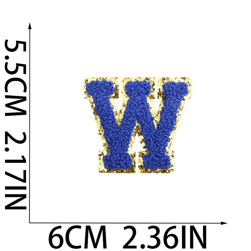 Iron-On Chenille Letter Patch – 5.5cm Tall, Navy Blue Letter with Gold Glitter Edge