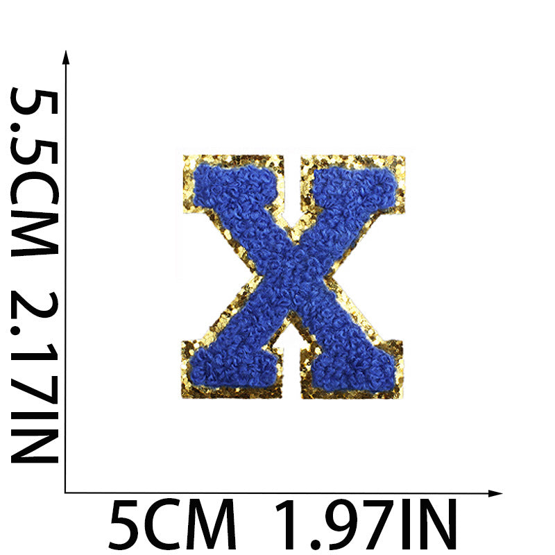 Iron-On Chenille Letter Patch – 5.5cm Tall, Navy Blue Letter with Gold Glitter Edge