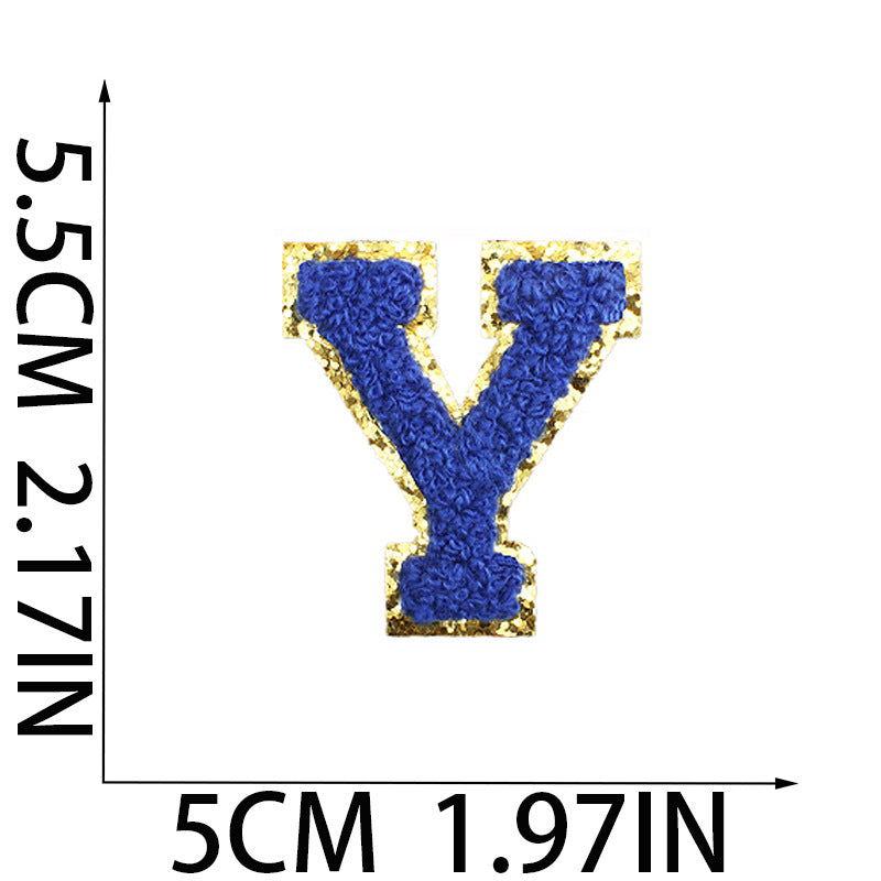 Iron-On Chenille Letter Patch – 5.5cm Tall, Navy Blue Letter with Gold Glitter Edge
