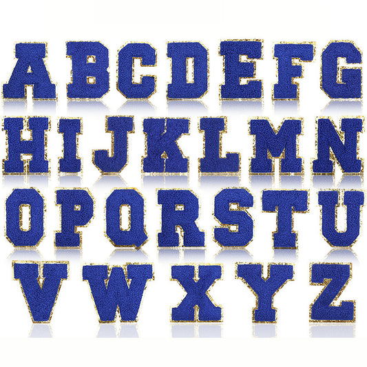 Iron-On Chenille Letter Patch – 8cm Tall, Navy Blue Letter with Gold Glitter Edge