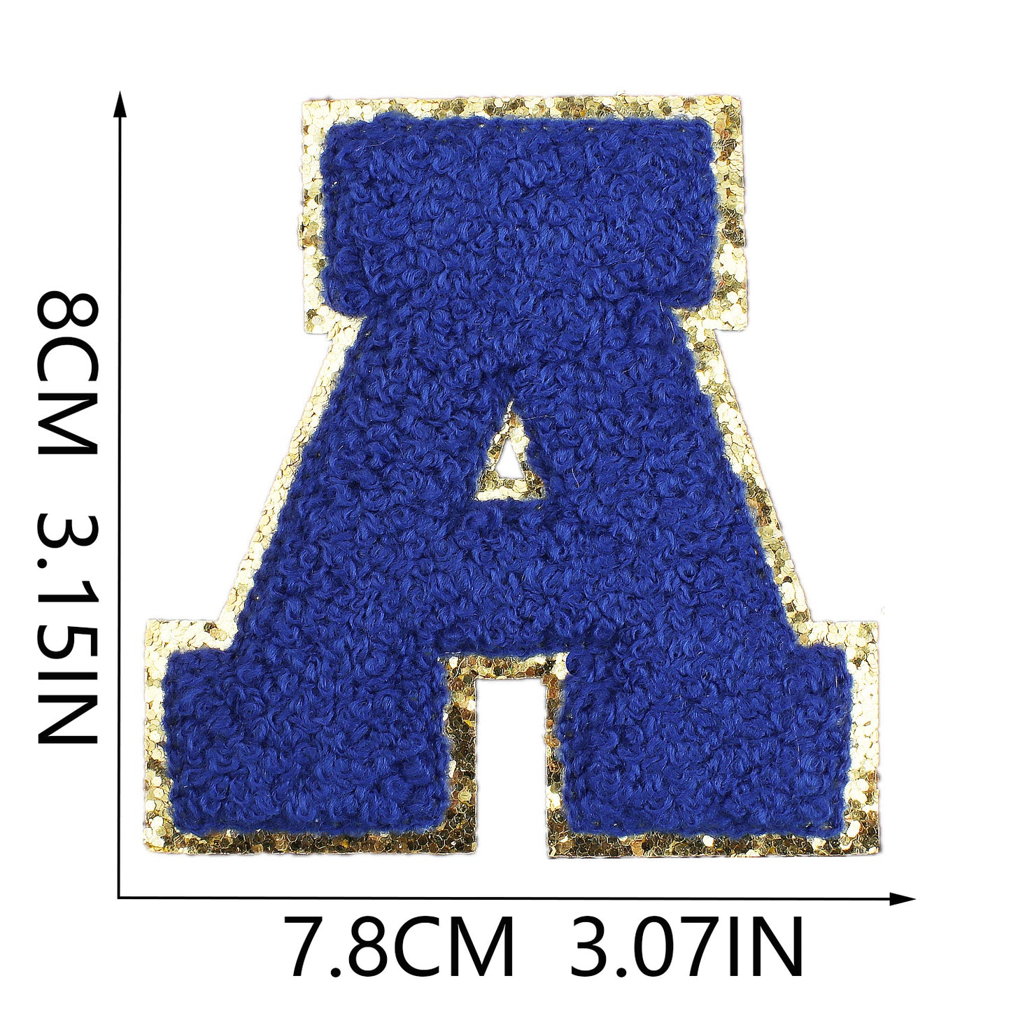 Iron-On Chenille Letter Patch – 8cm Tall, Navy Blue Letter with Gold Glitter Edge