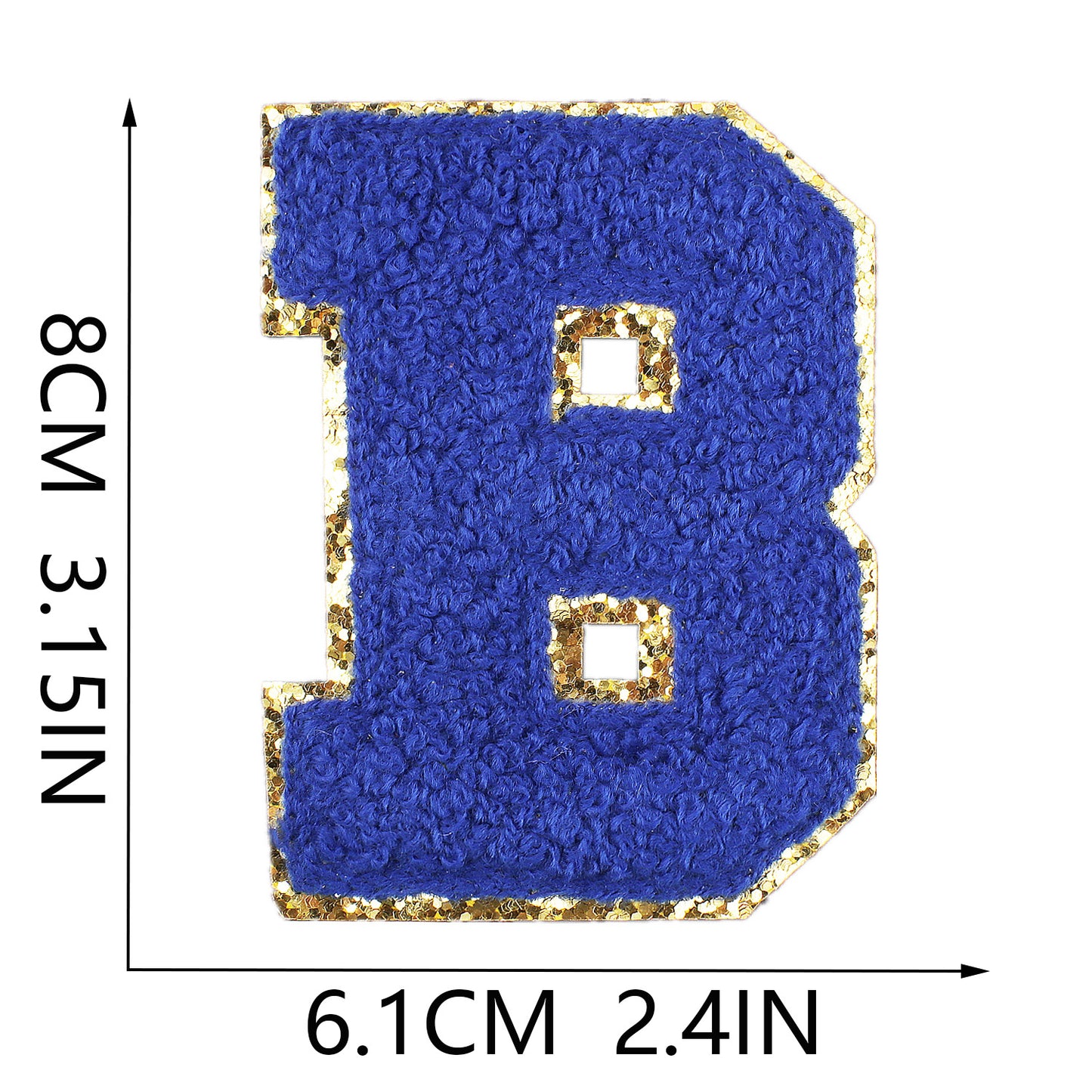 Iron-On Chenille Letter Patch – 8cm Tall, Navy Blue Letter with Gold Glitter Edge
