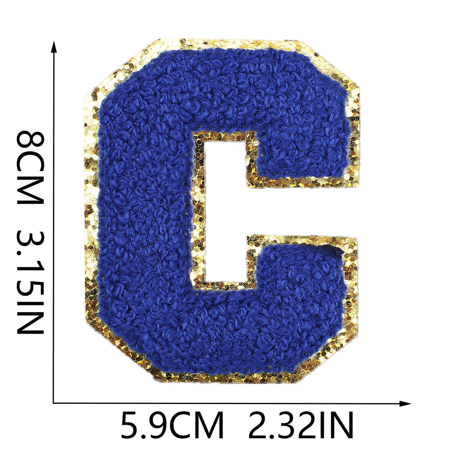 Iron-On Chenille Letter Patch – 8cm Tall, Navy Blue Letter with Gold Glitter Edge