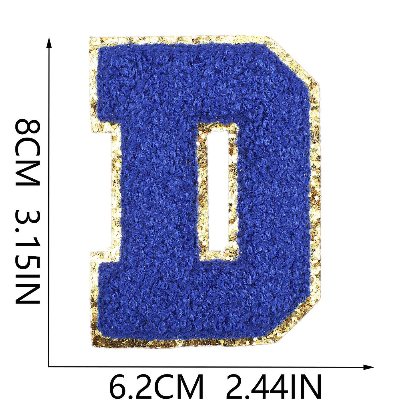 Iron-On Chenille Letter Patch – 8cm Tall, Navy Blue Letter with Gold Glitter Edge