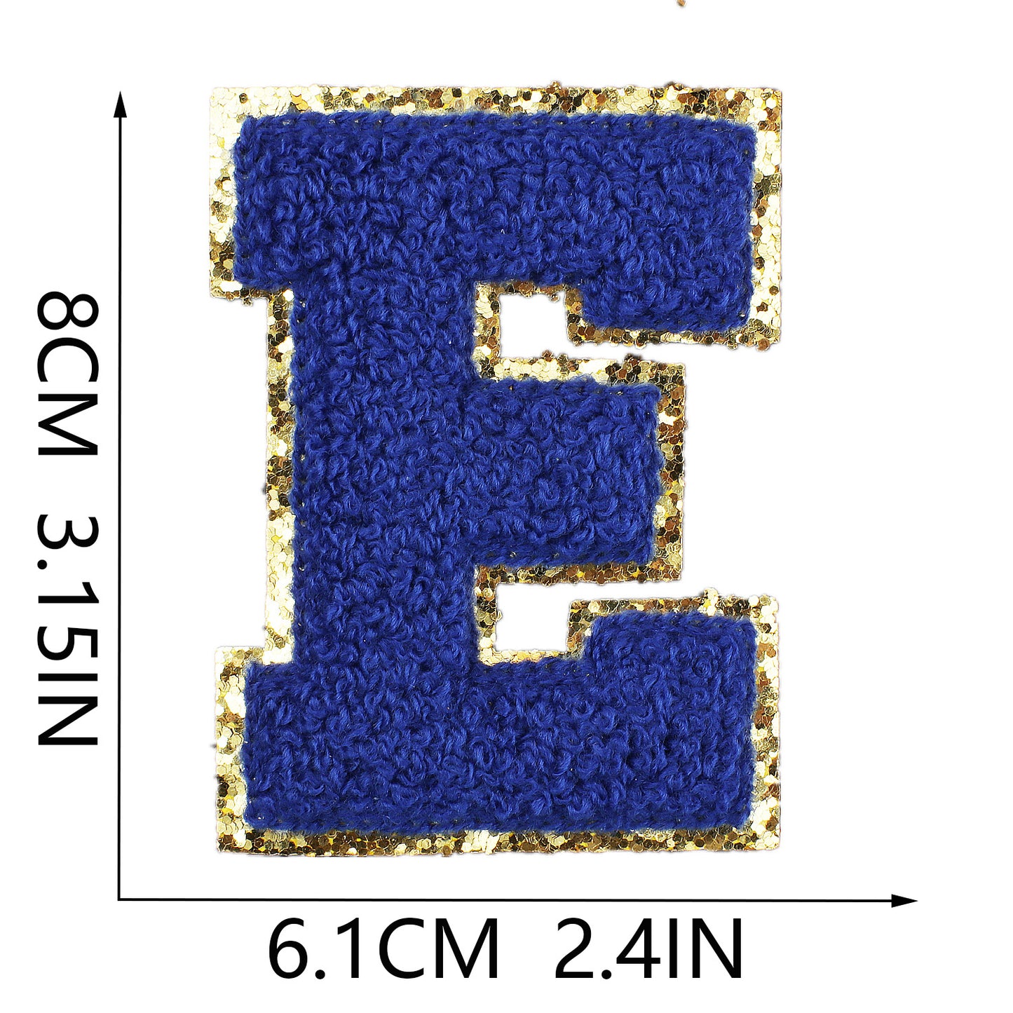 Iron-On Chenille Letter Patch – 8cm Tall, Navy Blue Letter with Gold Glitter Edge