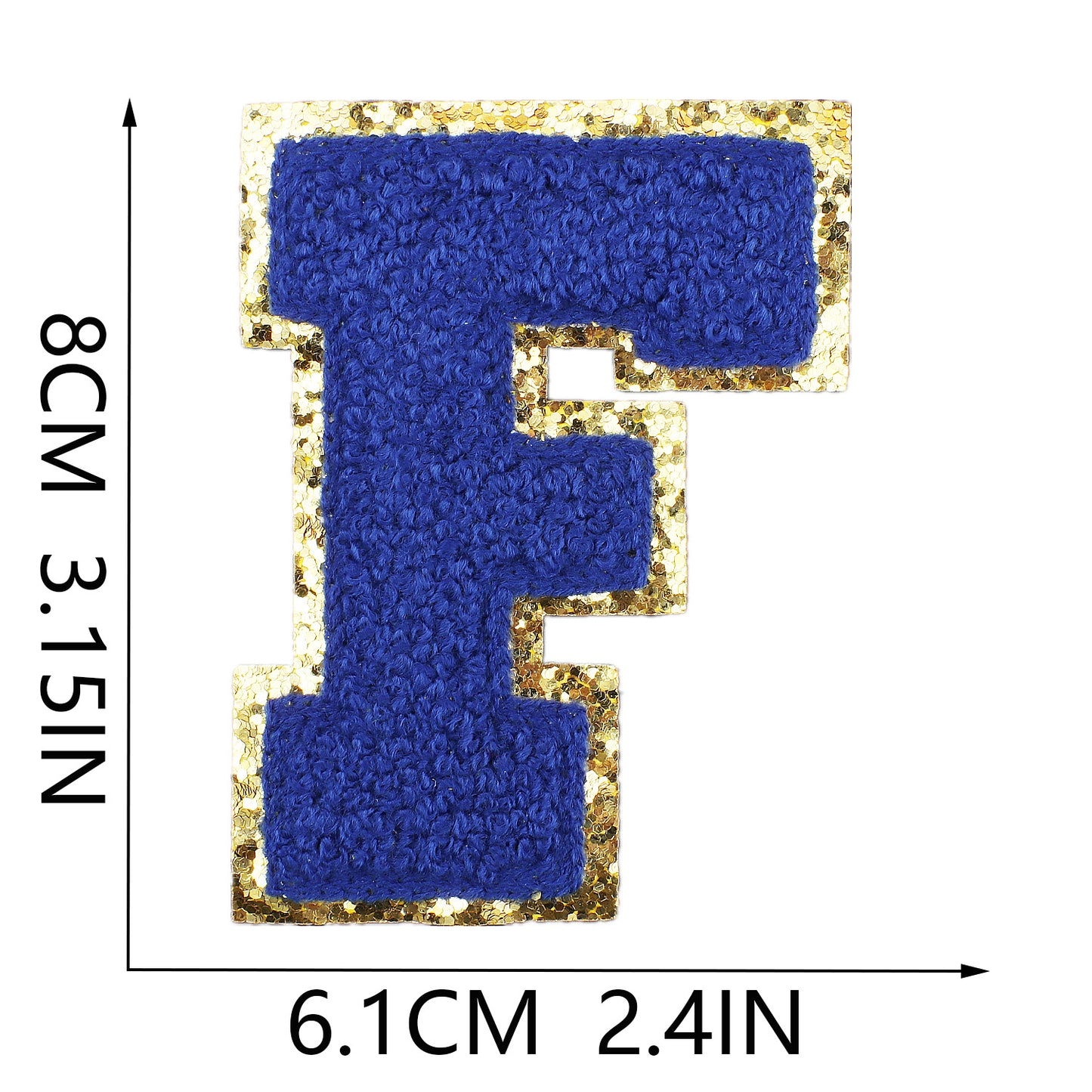 Iron-On Chenille Letter Patch – 8cm Tall, Navy Blue Letter with Gold Glitter Edge