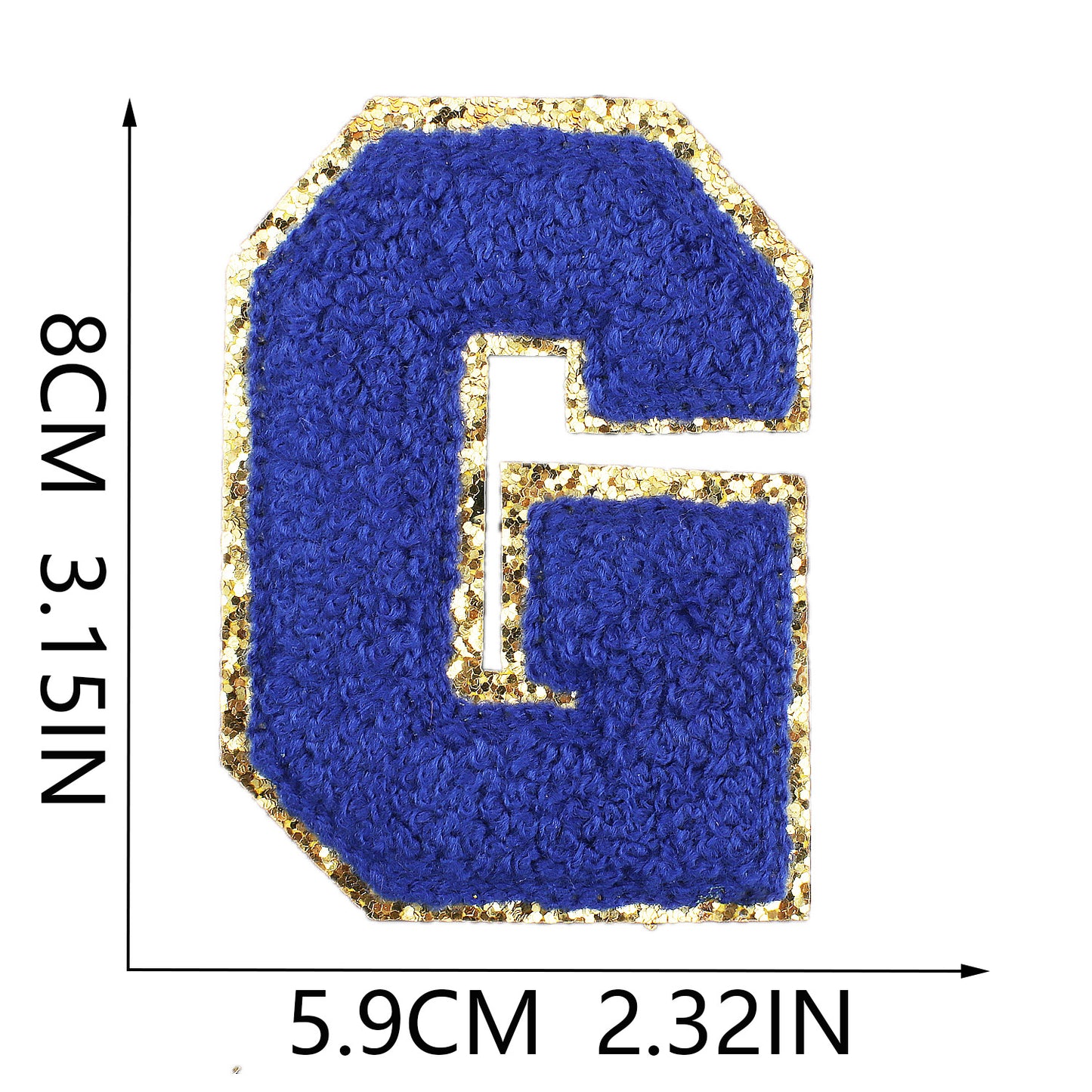 Iron-On Chenille Letter Patch – 8cm Tall, Navy Blue Letter with Gold Glitter Edge