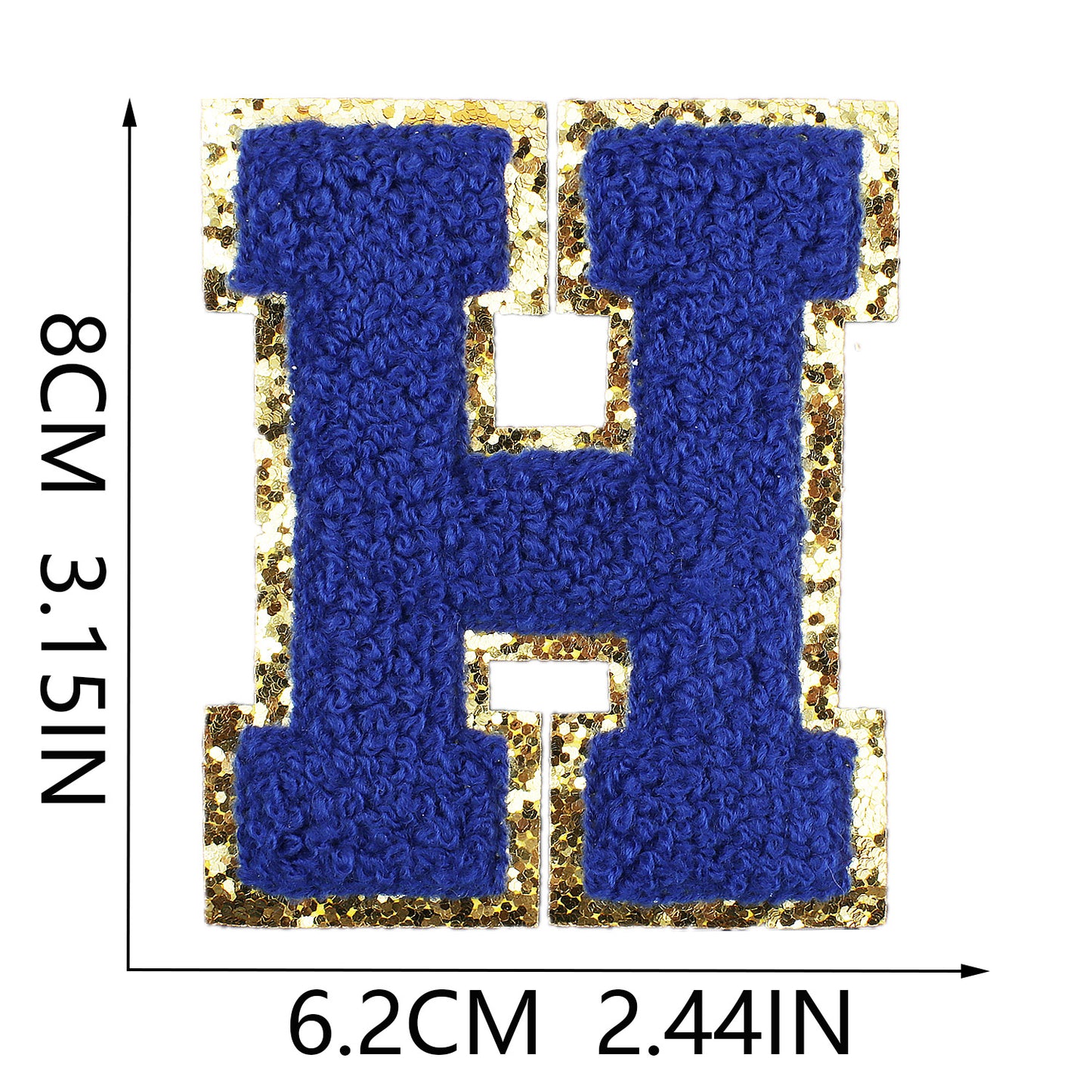 Iron-On Chenille Letter Patch – 8cm Tall, Navy Blue Letter with Gold Glitter Edge