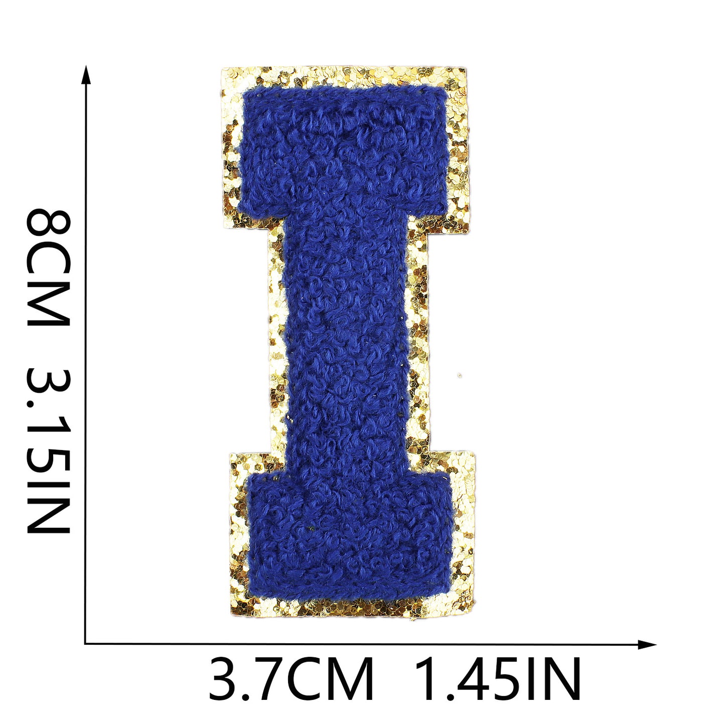 Iron-On Chenille Letter Patch – 8cm Tall, Navy Blue Letter with Gold Glitter Edge