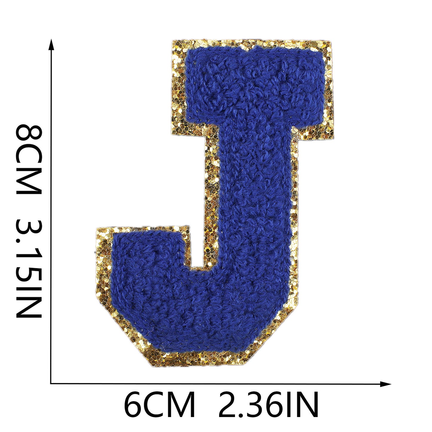 Iron-On Chenille Letter Patch – 8cm Tall, Navy Blue Letter with Gold Glitter Edge