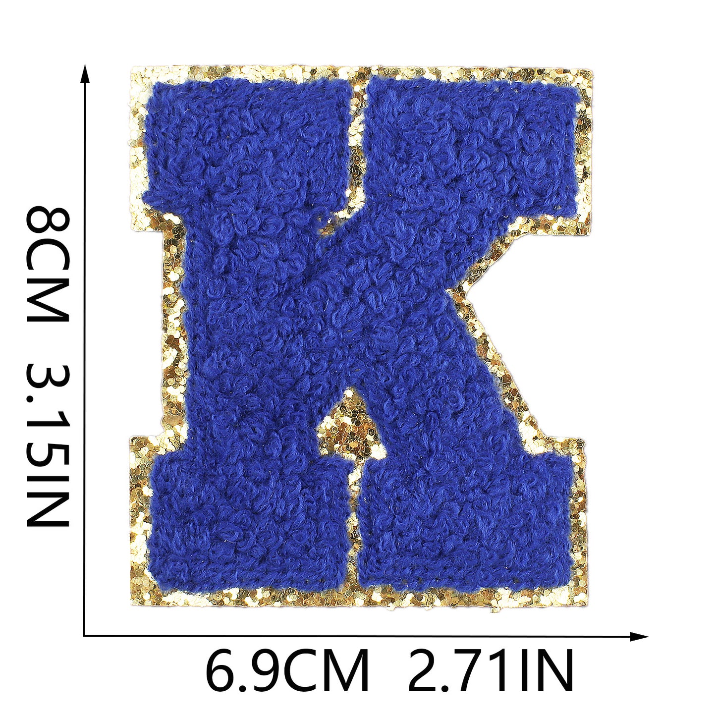 Iron-On Chenille Letter Patch – 8cm Tall, Navy Blue Letter with Gold Glitter Edge