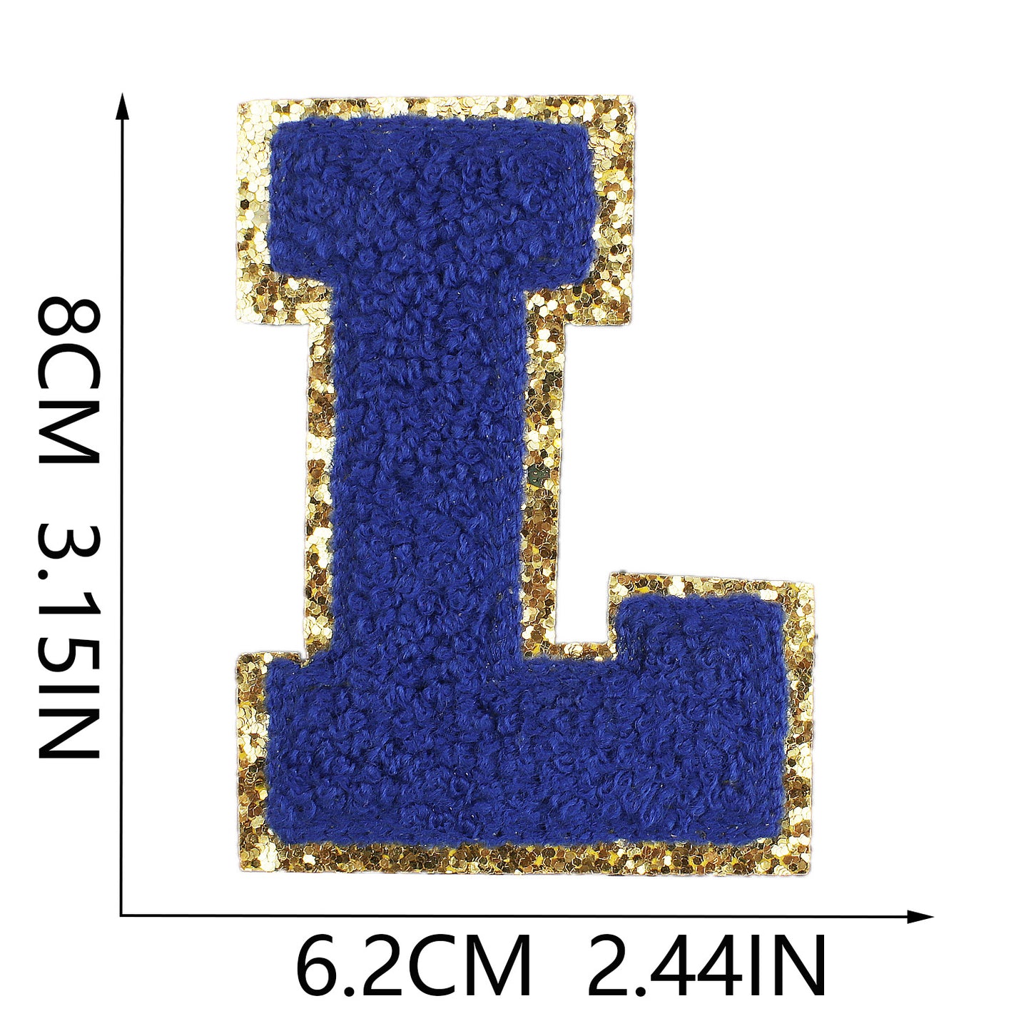 Iron-On Chenille Letter Patch – 8cm Tall, Navy Blue Letter with Gold Glitter Edge