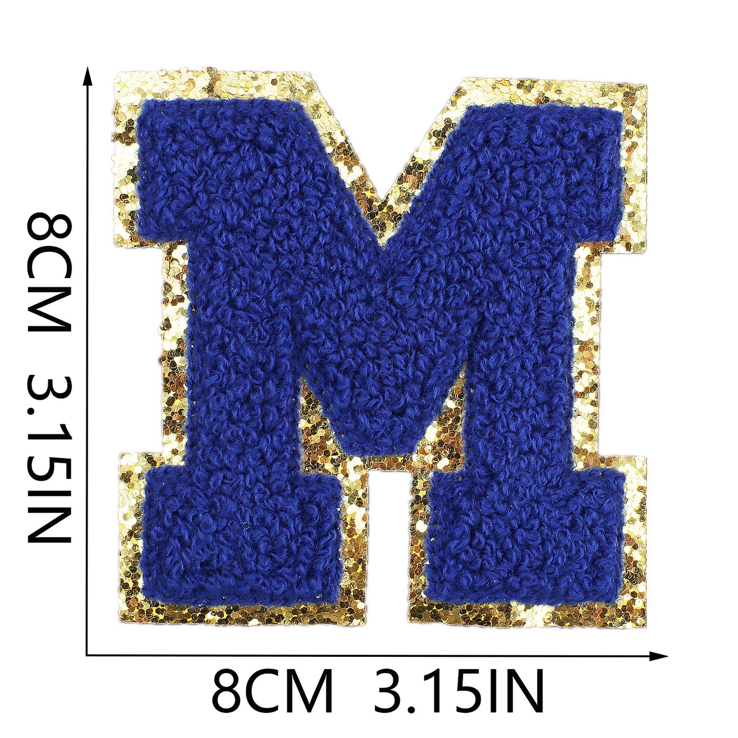 Iron-On Chenille Letter Patch – 8cm Tall, Navy Blue Letter with Gold Glitter Edge