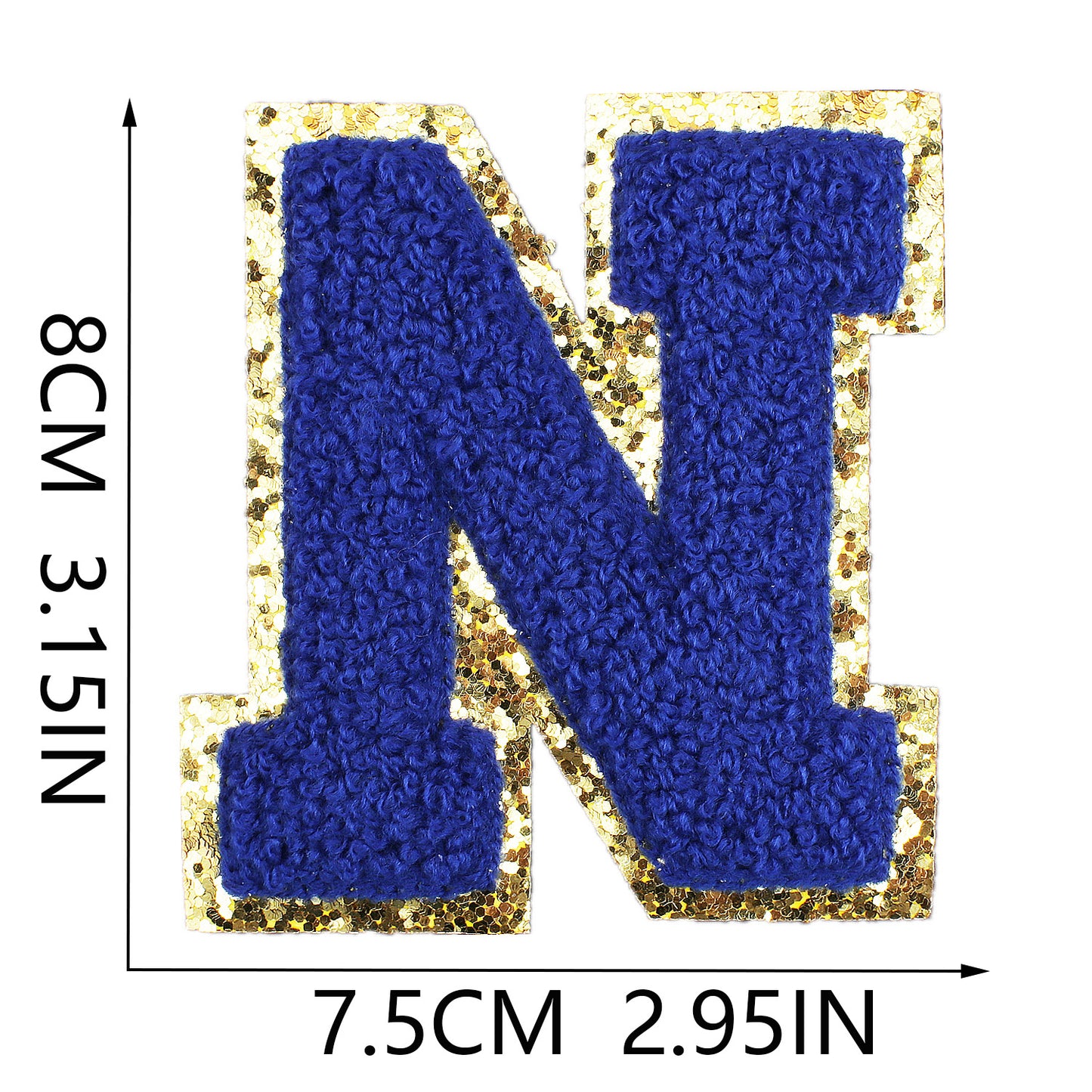 Iron-On Chenille Letter Patch – 8cm Tall, Navy Blue Letter with Gold Glitter Edge