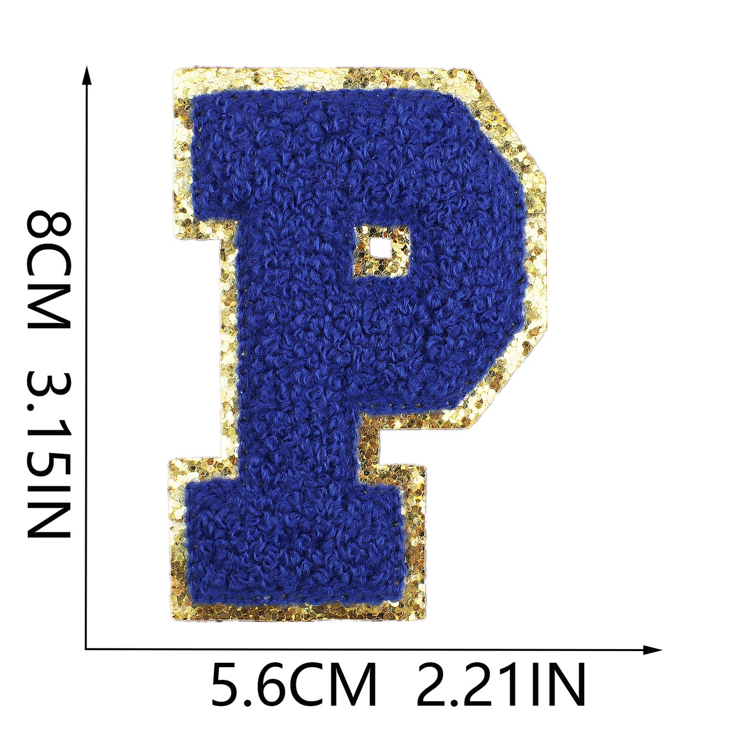 Iron-On Chenille Letter Patch – 8cm Tall, Navy Blue Letter with Gold Glitter Edge